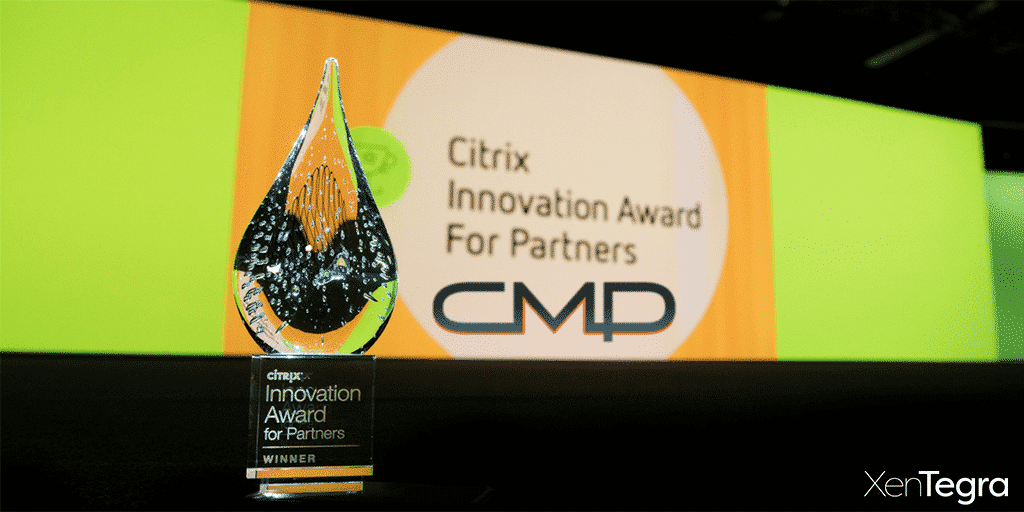 Close-up of the Citrix Innovation Award for Partners trophy displayed in front of a large screen reading “Citrix Innovation Award for Partners – CMP,” with XenTegra branding in the corner.