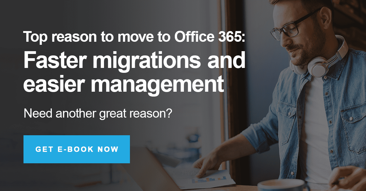 Man using a laptop near a window with text overlay promoting Office 365: "Top reason to move to Office 365: Faster migrations and easier management. Need another great reason?" and a call-to-action button that reads "Get E-Book Now."