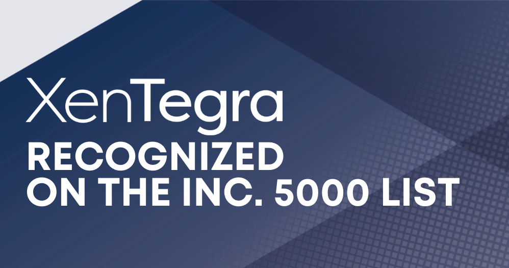 XenTegra graphic announcing their appearance on the Inc. 5000 list, set against a blue geometric background