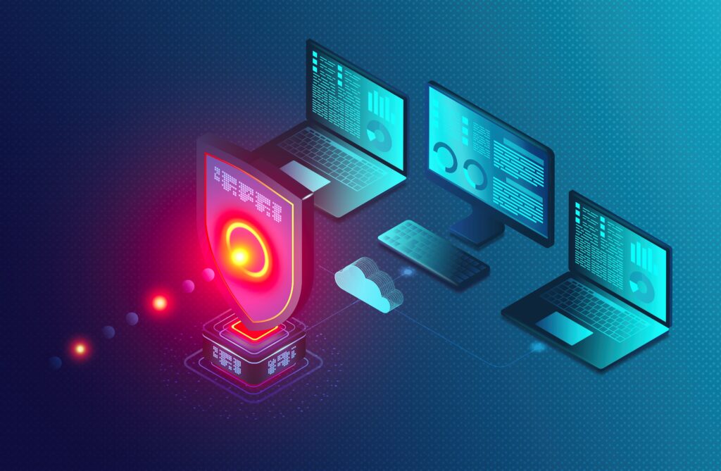 A steam of red information flows into a shield before the cloud that spreads onto three devices.
