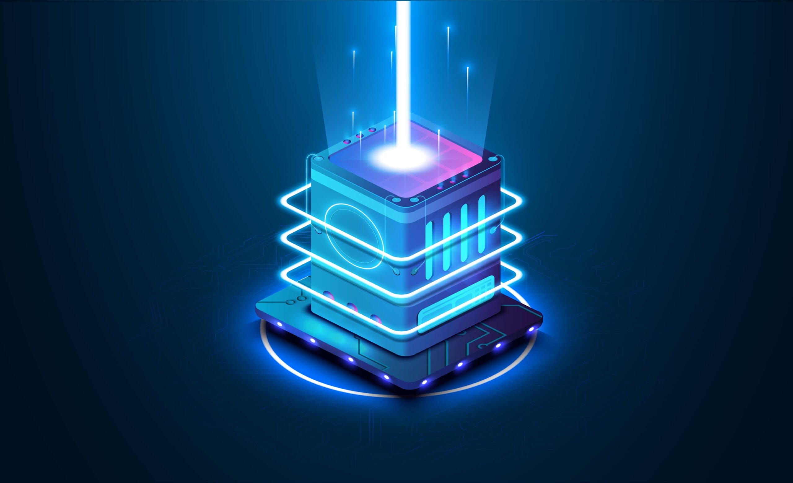 Futuristic hardware server loading data to a cloud.