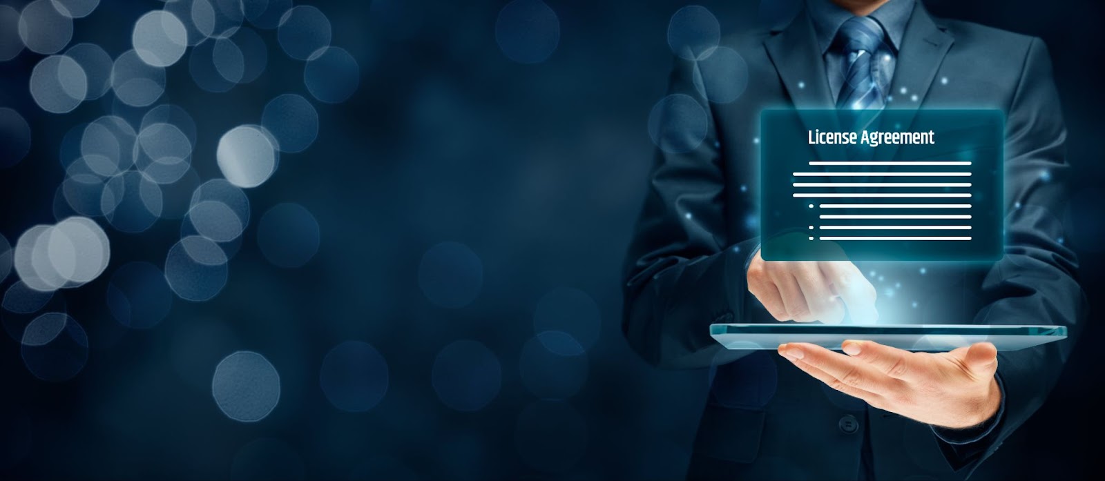 professional individual interacting with a virtual license agreement