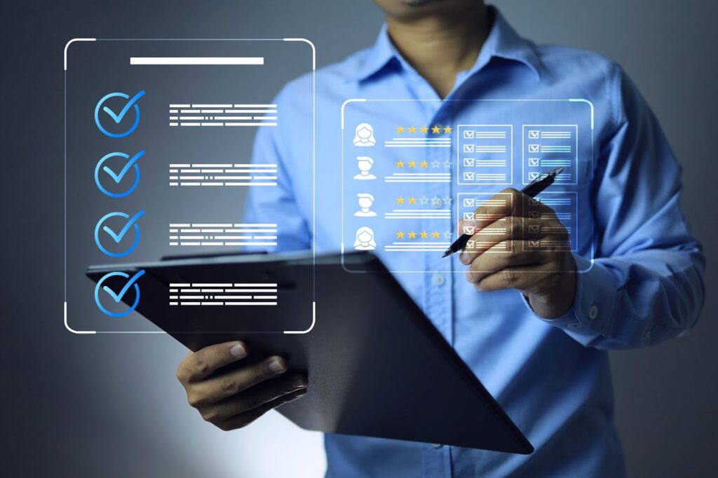 Businessman holding clipboard and document check mark survey to evaluate a vendor