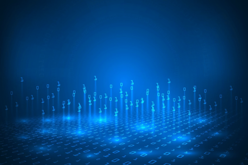 A digital landscape featuring blue binary code of ones and zeros on a dark background