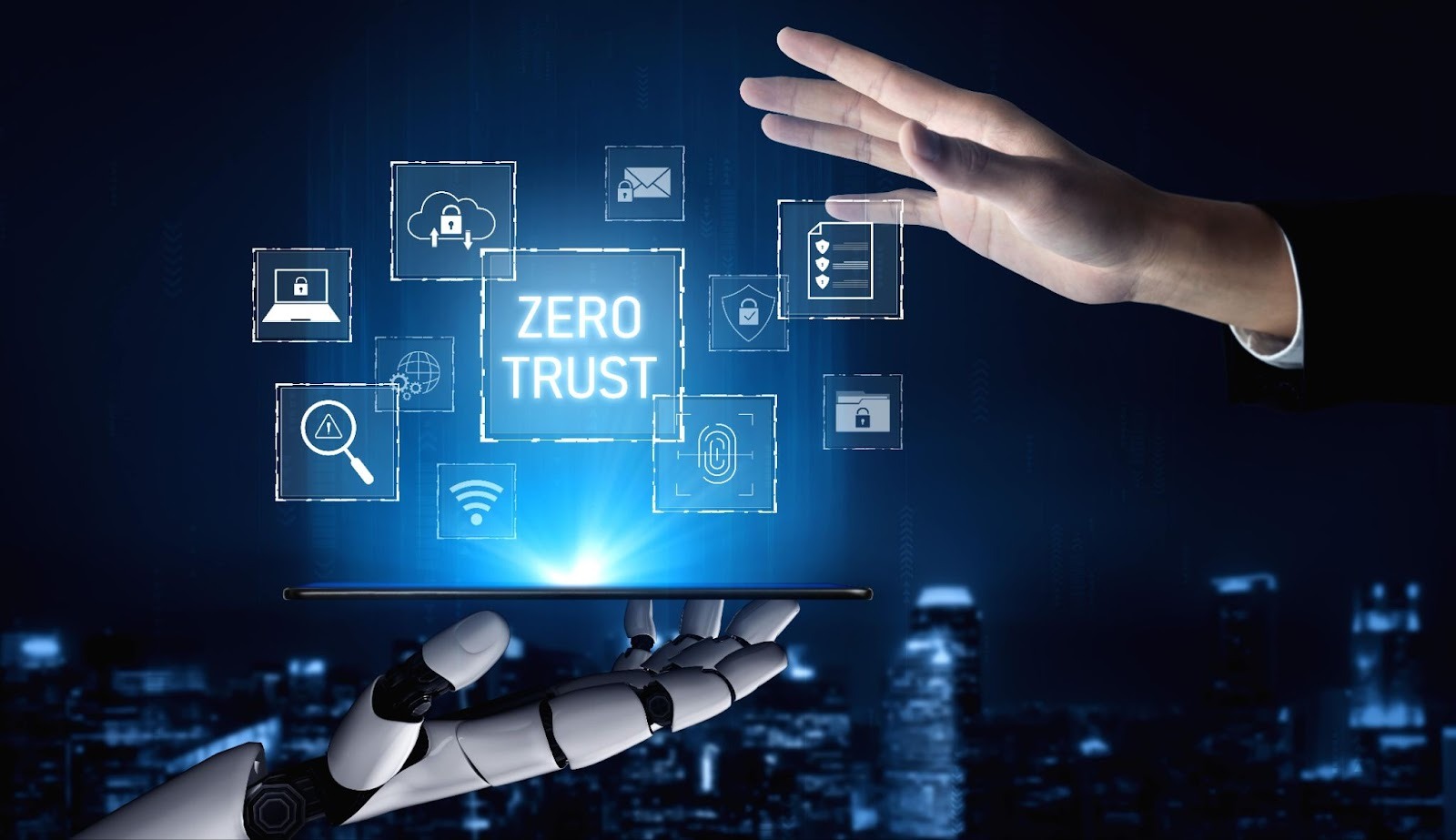 A human hand and a robotic hand hold a tablet displaying "Zero Trust" surrounded by security icons