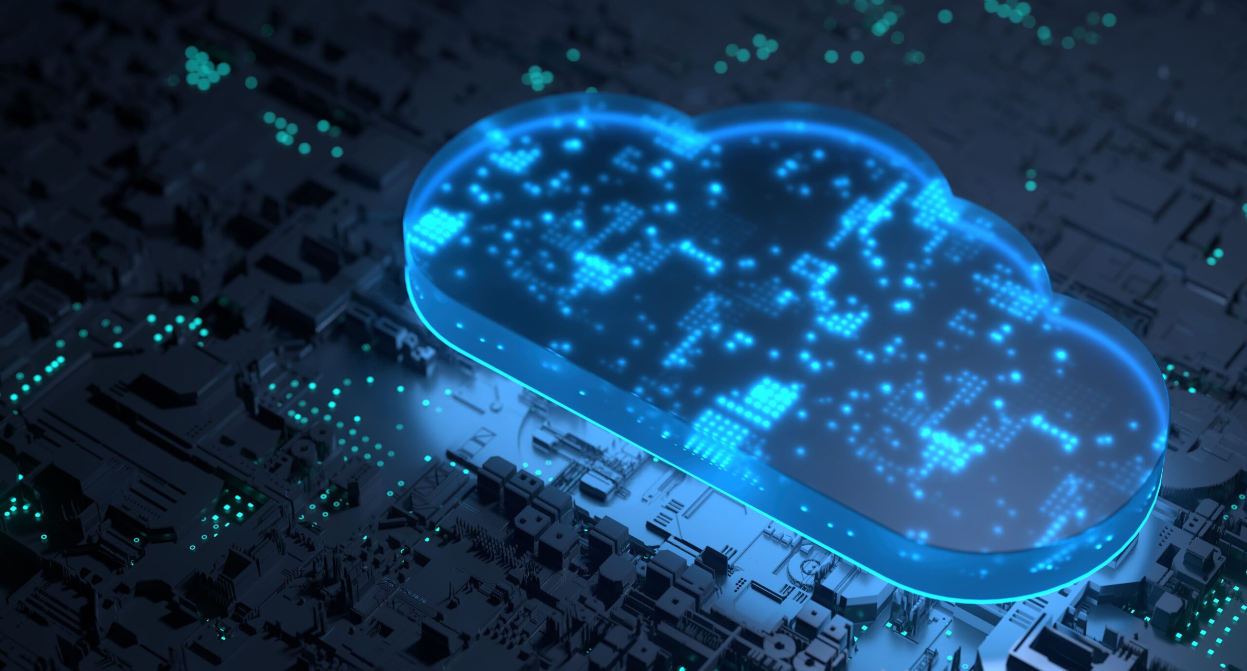 A glowing, blue digital cloud icon rests on a dark circuit board