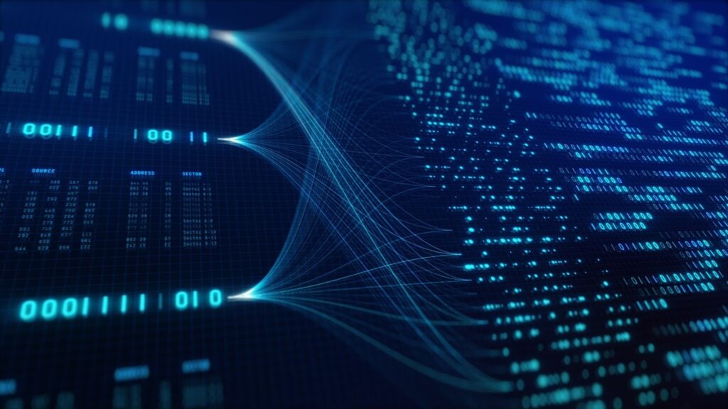 Digital data visualization with a network of glowing blue lines and numbers on a dark grid background