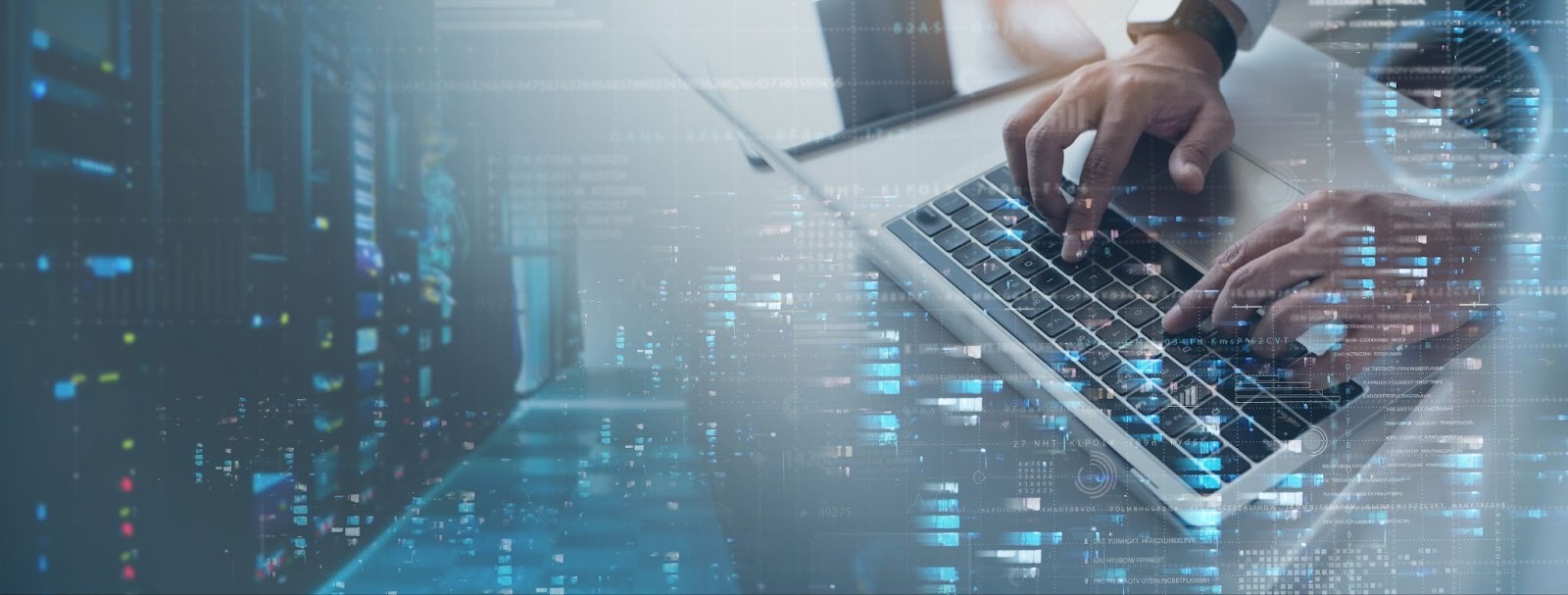 Close-up of hands typing on a laptop with a digital overlay of data streams and server infrastructure, representing IT consulting, data management, and cybersecurity operations.