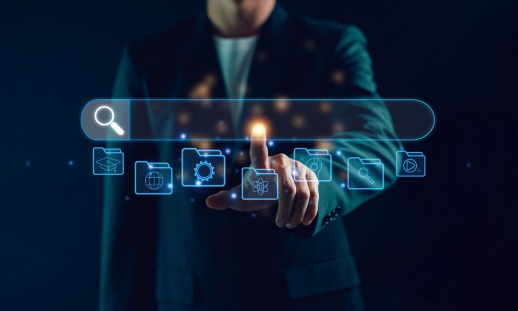 A person in a suit interacts with a glowing digital search bar and icons