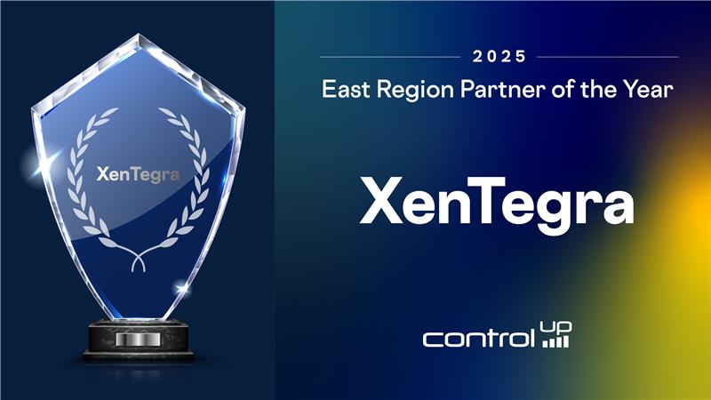 A crystal award trophy with XenTegra and laurel branches is shown. Text reads: 2025 East Region Partner of the Year XenTegra with the controlup logo at the bottom right on a blue and gold gradient background.